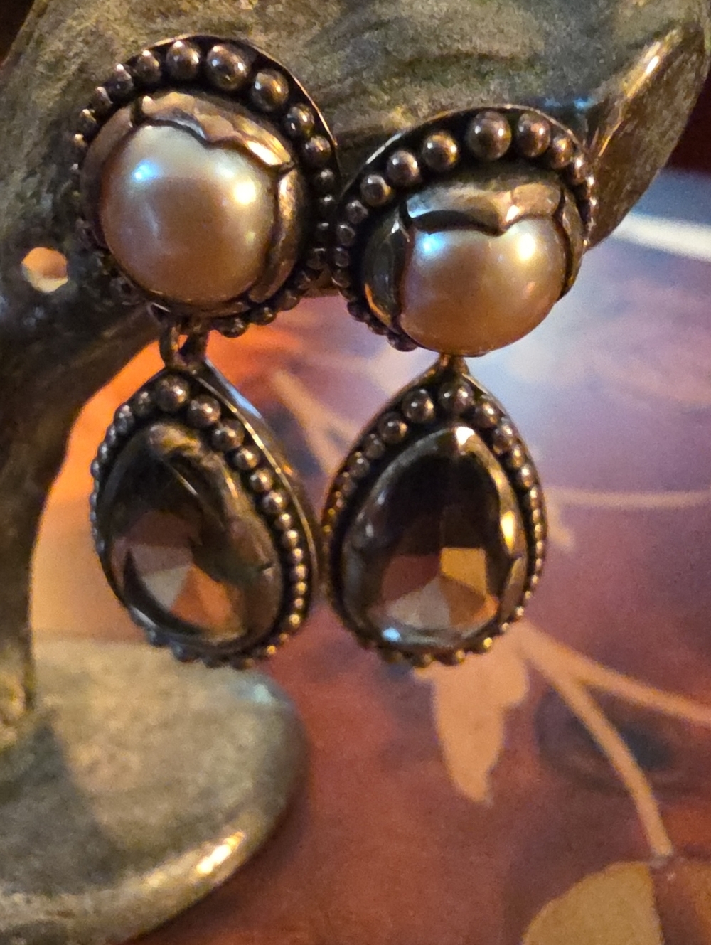 Janice Girardi Vintage Pearl Smoky Quartz Teardrop Silver Drop Earrings